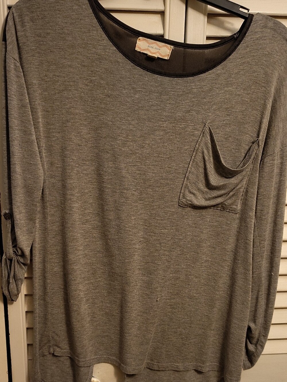 Pink Rose Gray Long Sleeve Pocket Tee with Black Sheer Trim